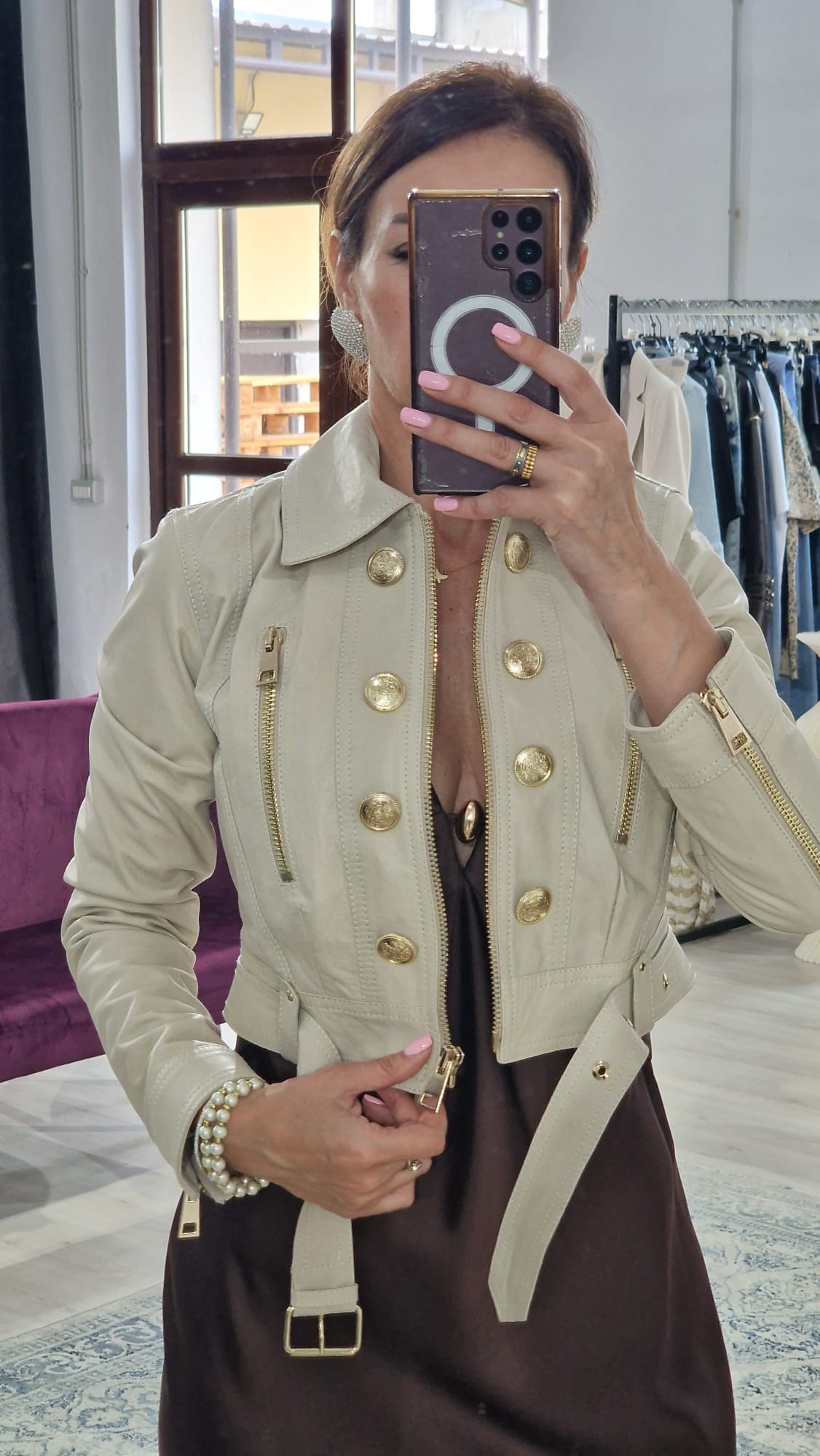 Geaca dama din piele crem - Boutique For You