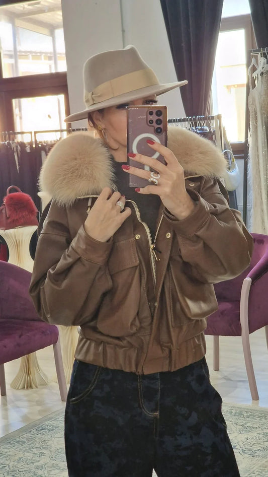Geaca din piele cu guler blana naturala - Boutique For You