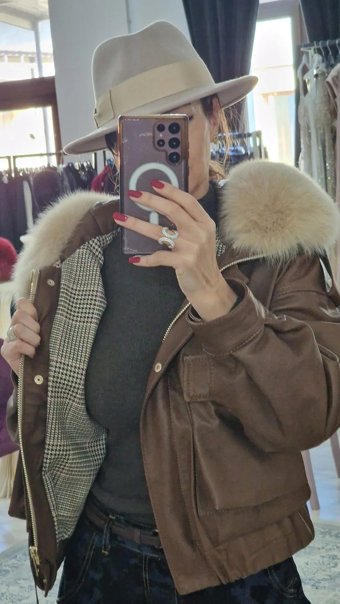 Geaca din piele cu guler blana naturala - Boutique For You