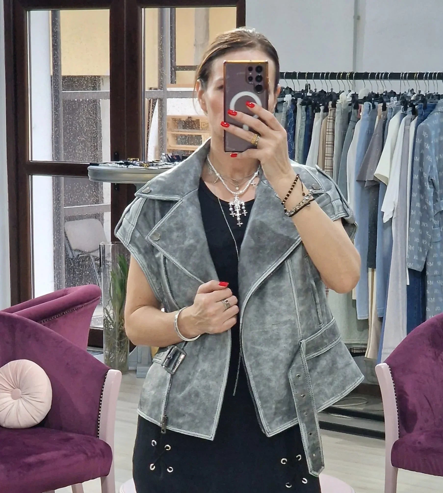 Geaca din piele gri - Boutique For You