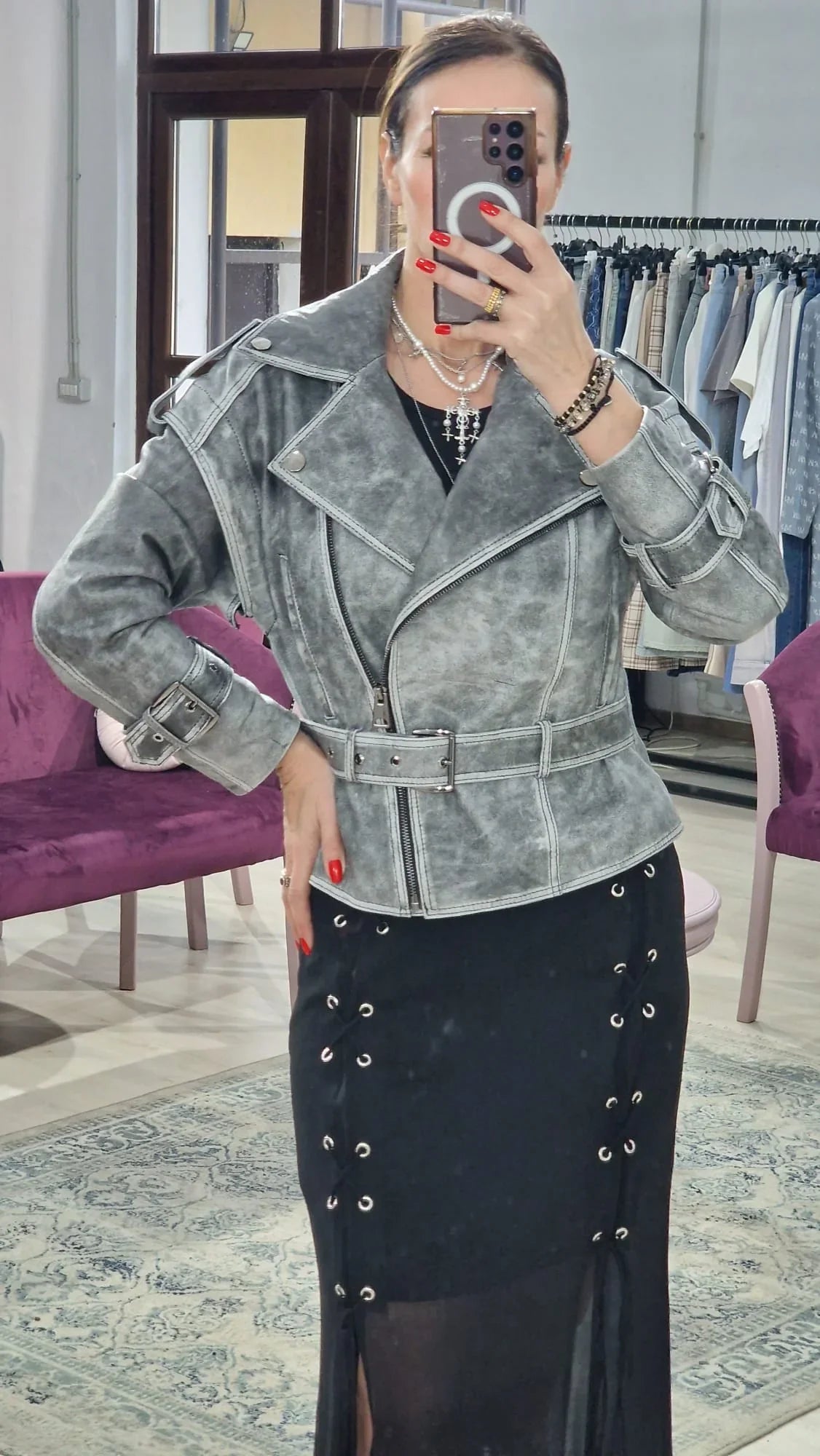 Geaca din piele gri - Boutique For You