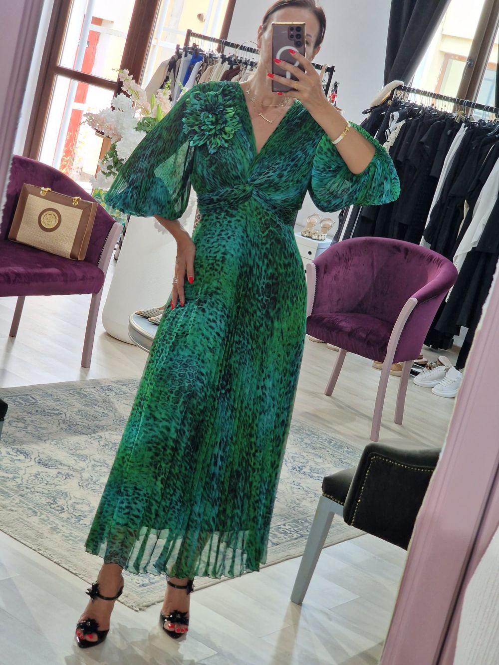 Rochie  dama eleganta plisata midi verde cu print