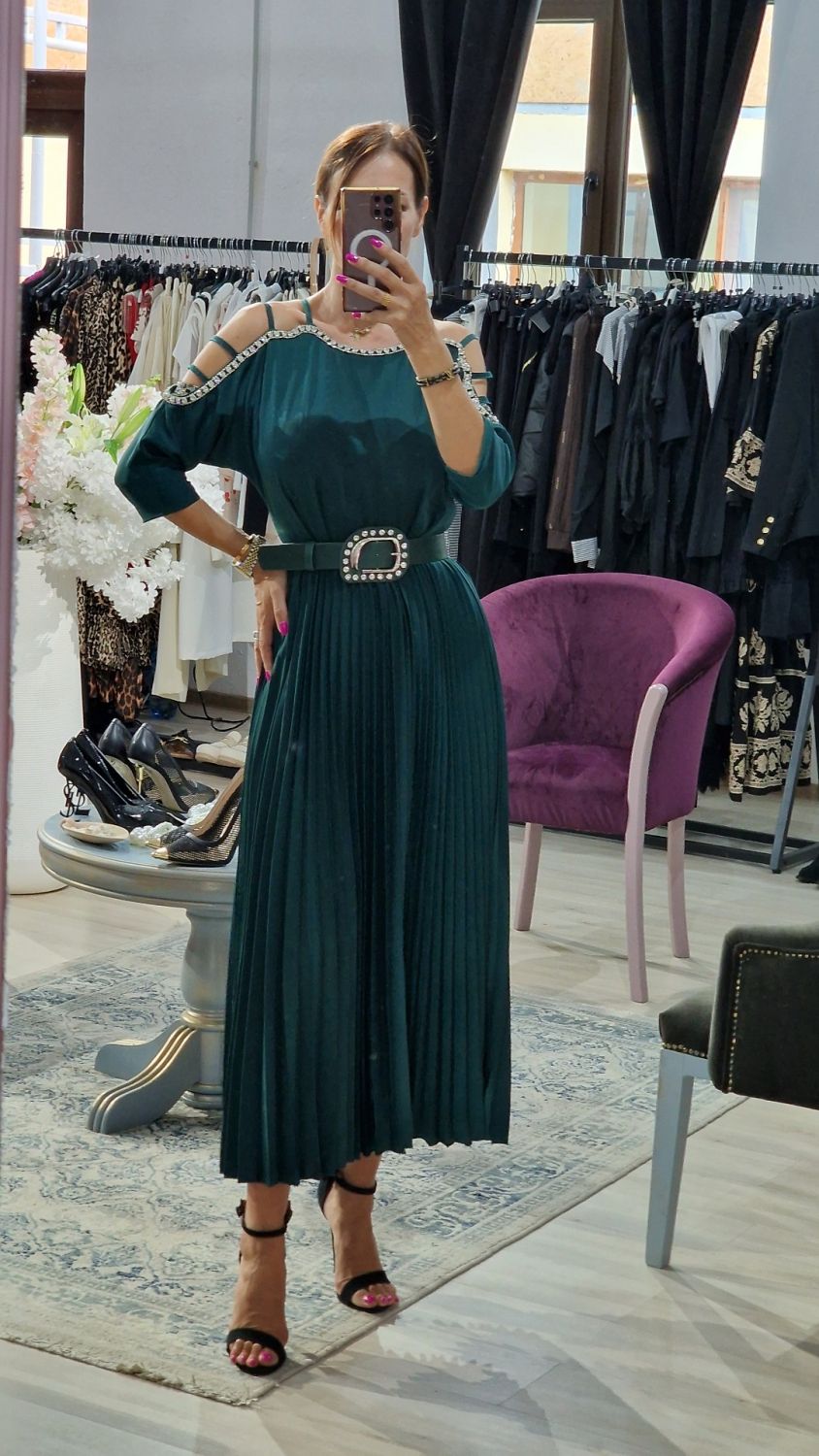 Rochie dama verde plisata