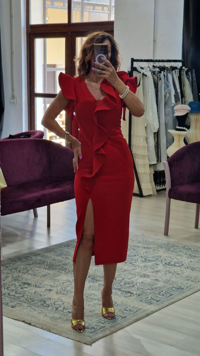 Rochie dama de ocazie midi rosie cu volane