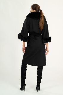 Palton dama casmir  negru cu blana naturala guler si maneca