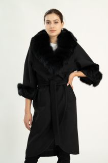 Palton dama casmir  negru cu blana naturala guler si maneca