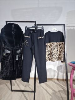 Compleu dama negru bluza cu print leopard si pantalon
